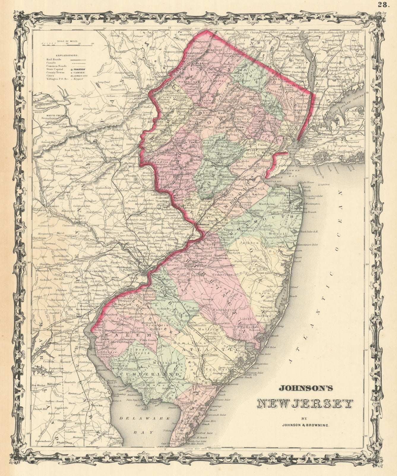 Johnson's New Jersey. US State map showing counties 1861 old antique chart